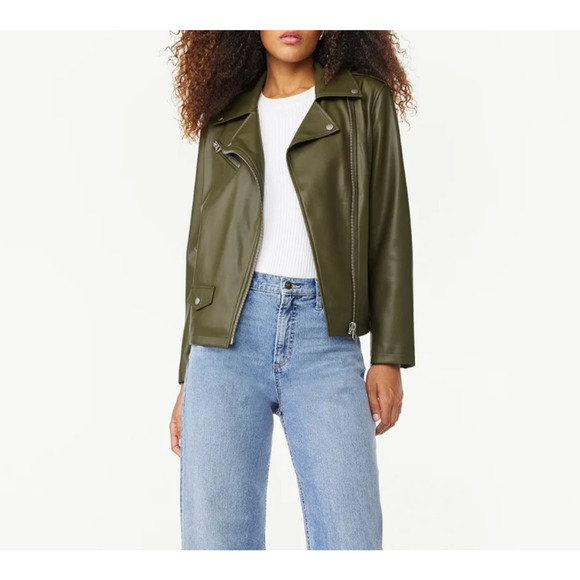 Scoop Womens Faux Leather Moto Jacket Asymmetrical Zip Olive Night Green Size L - Picture 6 of 7